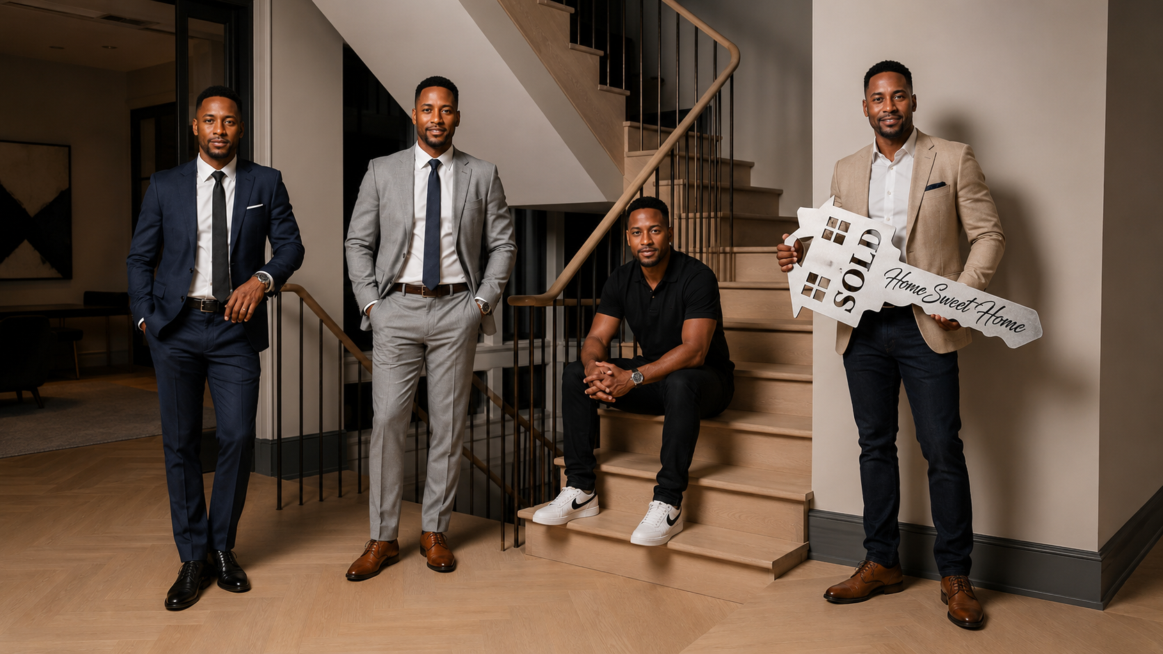 NC Equity Media real estate team in a luxury home entryway holding a Home Sweet Home key sign