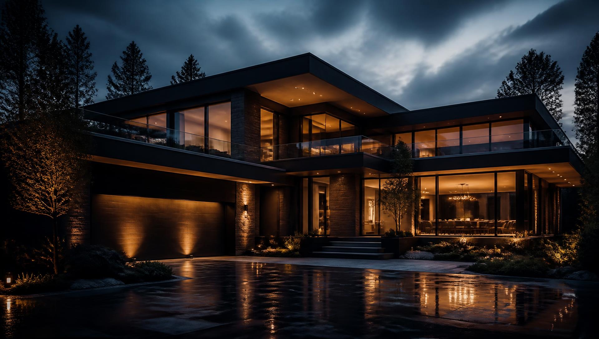 Luxury modern home at dusk with warm interior lighting