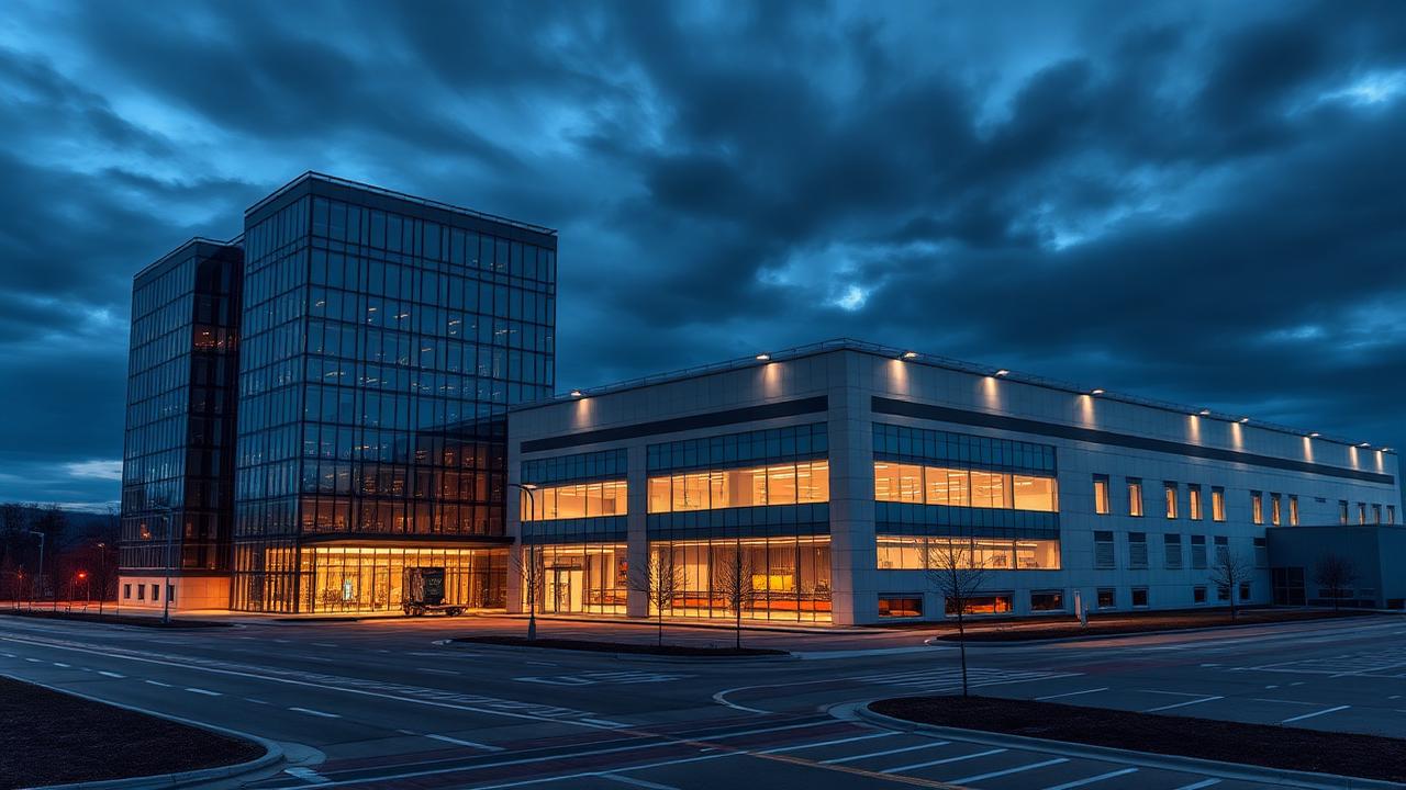Commercial office and industrial buildings at dusk