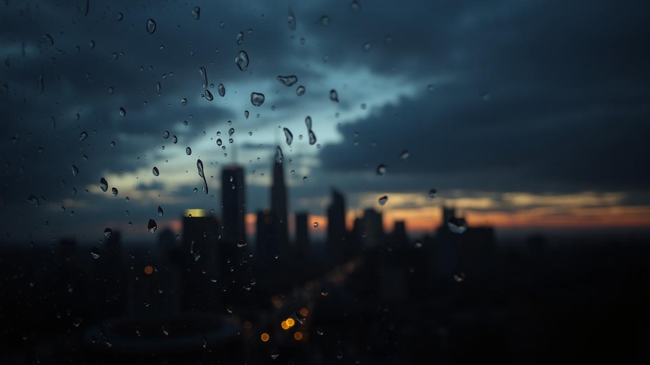 City skyline at dusk seen through a rain-flecked window